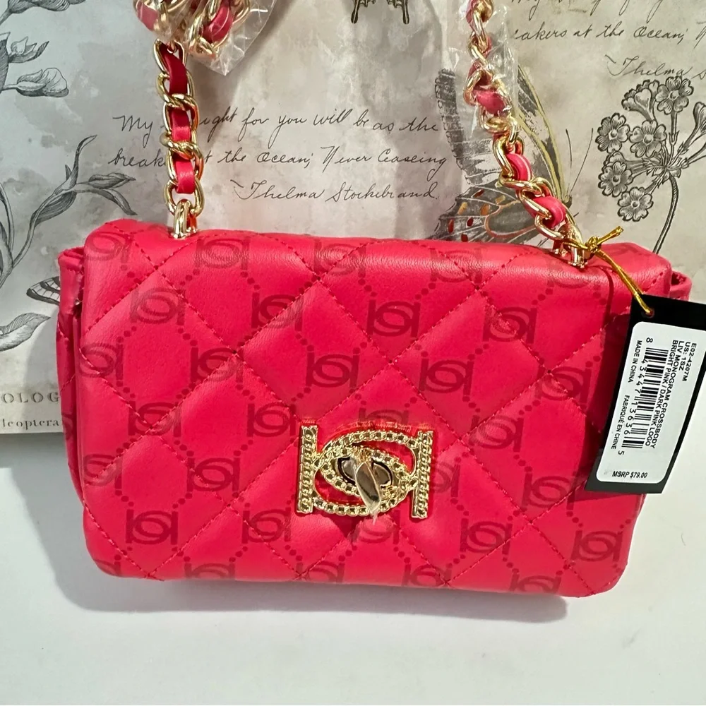 bebe Liv Monogram Crossbody bag in Bright Pink/Dark Pink Logo gold hardware